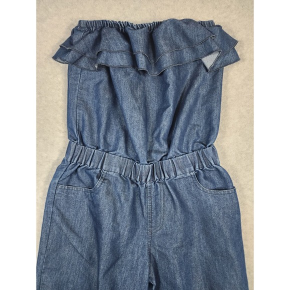 Gold Drama Girl's Sz M VTG Y2k Chambray Elastic Waist Strapless Jumpsuit - Picture 2 of 13